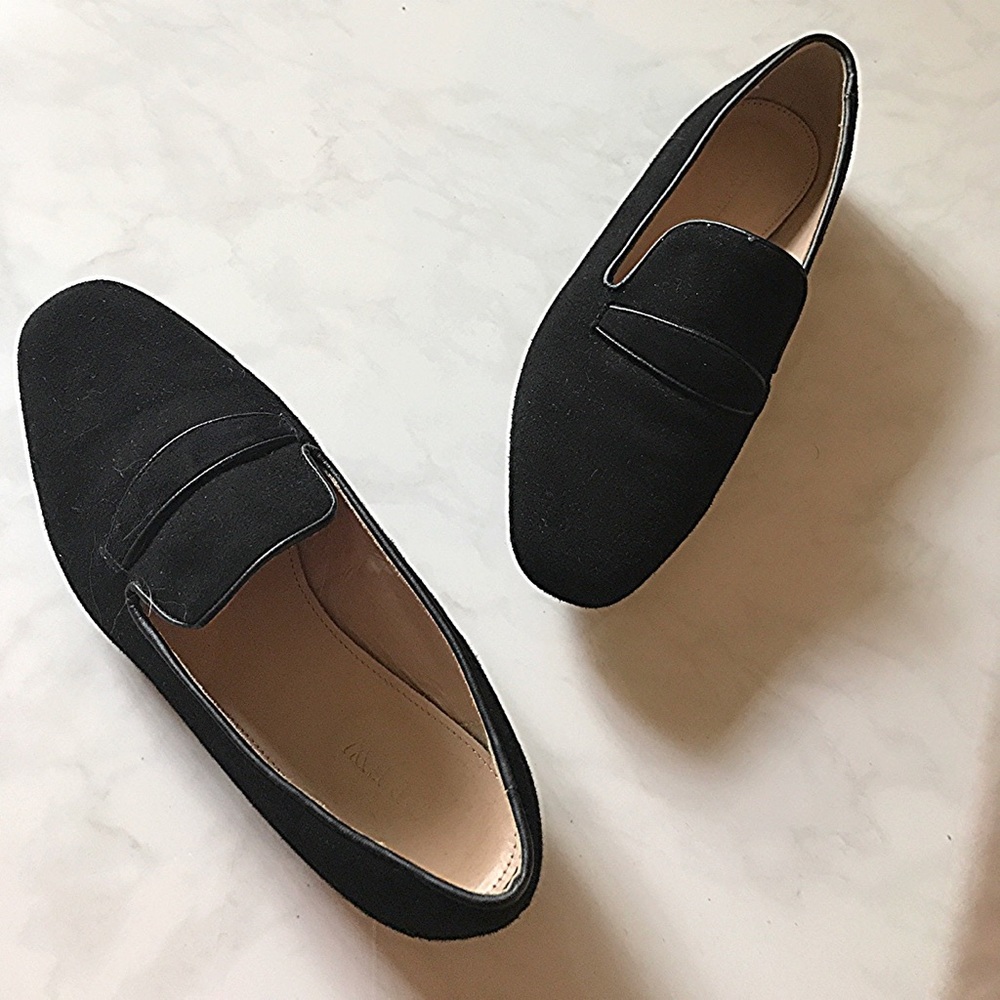 J. Crew black suede penny loafers